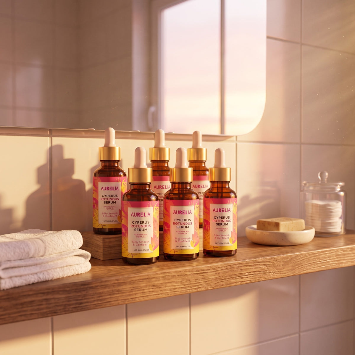 Aurelia bottles on a sunlit bathroom shelf (concept image)